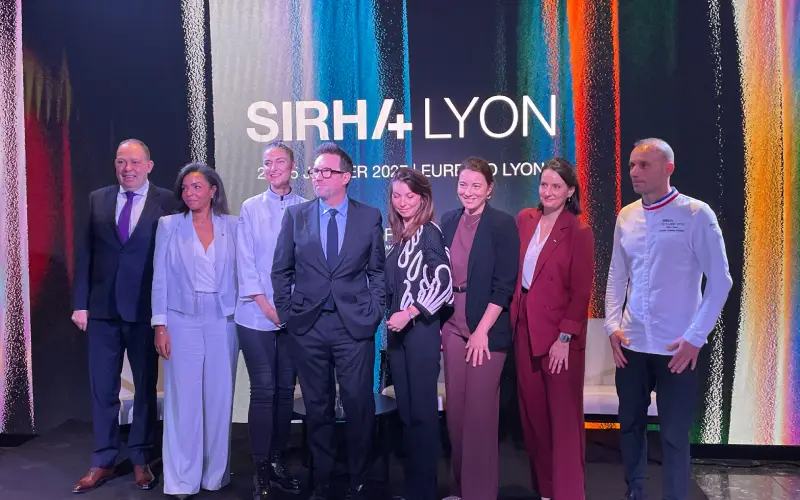 Luc Dubanchet et les intervenants de la conférence de presse de présentation du Sirha Lyon 2027.